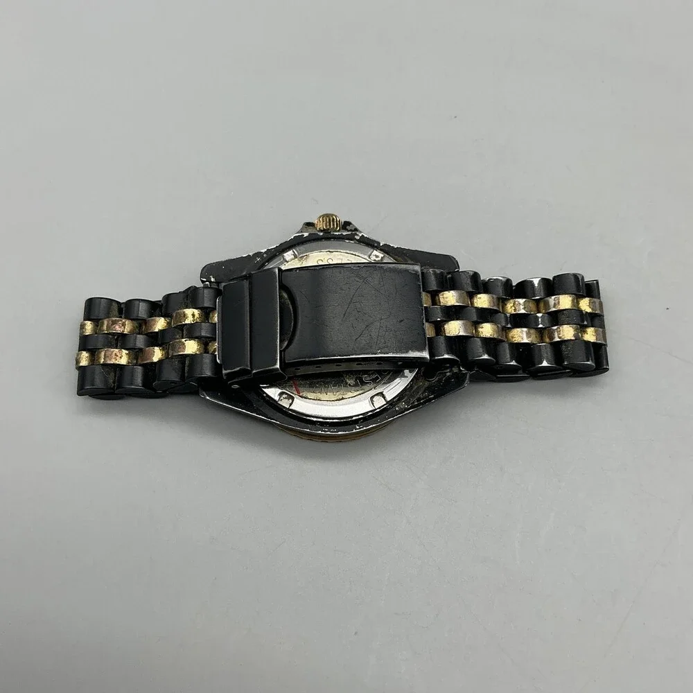 Alfex 4748 Diver Mens Watch 37mm Black Gold Tone Date 200m New Battery 7.25